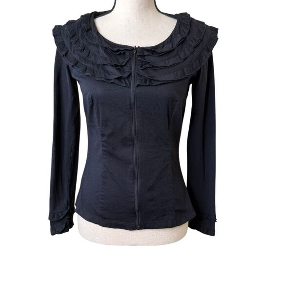 Vintage Kenar Black Zip Front Ruffled Collar Top Sz S Y2K, Goth, Whimsygoth - Picture 1 of 13